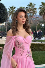 Timeless Pink One shoulder Sweetheart Chiffon Prom Dresses Gem With Lace-Up Back