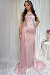 Charming Dusty pink Strapless Sleeveless Mermaid Prom Dresses Column Gem With Pleats