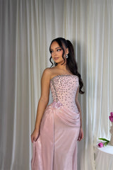 Charming Dusty pink Strapless Sleeveless Mermaid Prom Dresses Column Gem With Pleats