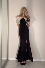 Elegant Black Off The Shoulder Satin Mermaid Prom Dresses Column With High Split