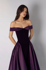 Glamorous Grape Off The Shoulder Satin Prom Dresses A-Line Floor Length With Pleats