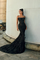 Graceful Black Spaghetti-Straps Sleeveless Mermaid Prom Dresses Beads With Lace-Up Back