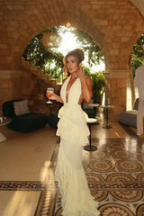 Timeless Halter V-Neck Sleeveless Mermaid Prom Dresses Backless With Ruffles Zipper