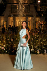Charming Dusty Blue Sleeveless Stain Prom Dresses A-Line Backless With Pleats