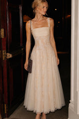 Elegant Straps Sleeveless Lace Tulle Prom Dresses A-Line With Pleats