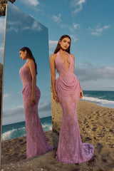 Elegant Lavender Halter V-Neck Sleeveless Lace Prom Dresses Mermaid With Pleats