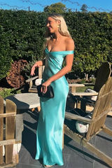 Charming Off The Shoulder Sweetheart Satin Prom Dresses Sheath With Pleats