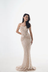 Glamorous Champagne Off The Shoulder Sequins Prom Dresses Mermaid Gem With Pleats