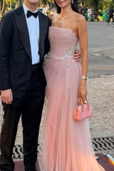 Pretty Pink Strapless Sleeveless Tulle Prom Dresses Gem Floor Length With Pleats