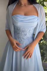 Chic Sky Blue Strapless Sleeveless Chiffon Prom Dresses Beads With Lace-Up Back