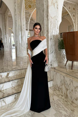 Elegant Black White Sleeveless Satin Mermaid Prom Dresses Column With Pleats