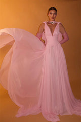 Romantic Pink V-Neck Sleeveless Chiffon Prom Dresses Floor Length With Pleats