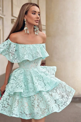 Graceful Off The Shoulder Lace Homecoming Dresses Mini With Ruffles