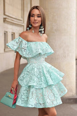 Graceful Off The Shoulder Lace Homecoming Dresses Mini With Ruffles