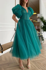 Romantic V-Neck Short Sleeves Tulle Prom Dresses Ankle Length With Pleats