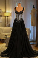 Elegant Black Sweetheart Straps Sleeveless Prom Dresses A-Line With Gem Pleats
