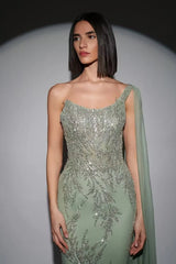 Glamorous Dusty Sage One Shoulder Sleeveless Mermaid Prom Dresses Sheath Sequins With Beads