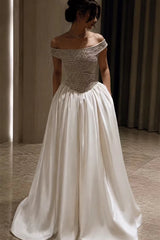 Graceful Off The Shoulder Satin Prom Dresses A-Line Gem Pockets With Pleats Zipper