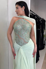 Glamorous Dusty Sage Strapless Sleeveless Mermaid Prom Dresses Sheath Gem With Pleats