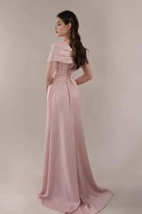 Romantic Dusty Rose Short Sleeves Satin Prom Dresses Floor Length With Lace-Up Back