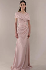 Romantic Dusty Rose Short Sleeves Satin Prom Dresses Floor Length With Lace-Up Back