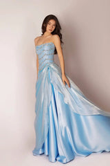 Romantic Sky Blue Strapless Sleeveless Satin Prom Dresses A-Line With Beads Pearls
