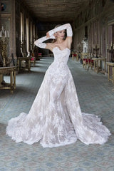 Glamorous Strapless Sleeveless Lace Mermaid Prom Dresses Column With Detachable Overskirt