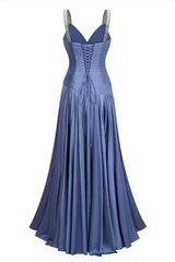 Charming Blue V-Neck Spaghetti-Straps Sleeveless Prom Dresses A-Line Pleats With Lace-Up Back