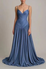 Charming Blue V-Neck Spaghetti-Straps Sleeveless Prom Dresses A-Line Pleats With Lace-Up Back