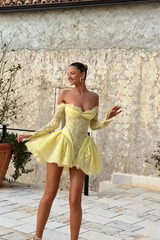 Timeless Daffodil Sweetheart Long Sleeves Lace Homecoming Dresses Mini With Lace-Up Back