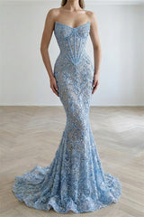 Charming Sky Blue Sweetheart Strapless Sleeveless Mermaid Prom Dresses Beads With Lace-Up Back