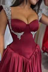 Dazzling Burgundy Sweetheart Straps Sleeveless Satin Prom Dresses A-Line Gem With Pleats