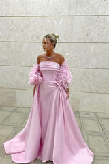 Timeless Pink Strapless Sleeveless Satin Prom Dresses Floor Length With Pleats Feather