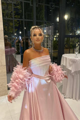 Timeless Pink Strapless Sleeveless Satin Prom Dresses Floor Length With Pleats Feather