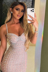 Dazzling Sweetheart Spaghetti-Straps Sleeveless Mermaid Prom Dresses Column Crystals With Split