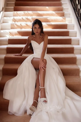 Charming Sweetheart Strapless Sleeveless Satin Prom Dresses High Split With Zipper Pleats