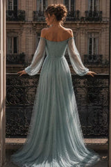 Charming Dusty Blue Off The Shoulder Long Sleeves Prom Dresses A-Line Gem With Zipper Pleats