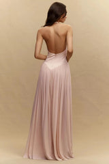 Charming Pink V-Neck Halter Sleeveless Prom Dresses Backless Floor Length With Zipper