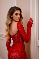 Charming Red Long Sleeves Prom Dresses High Split With Lace-Up Back