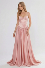 Timeless Dusty Rose Spaghetti-Straps Sweetheart Sleeveless Satin Prom Dresses Floor Length With Lace-Up Back