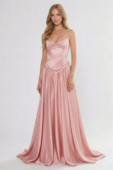 Timeless Dusty Rose Spaghetti-Straps Sweetheart Sleeveless Satin Prom Dresses Floor Length With Lace-Up Back