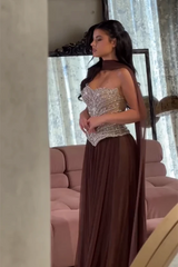 Charming Brown Sweetheart Strapless Sleeveless Chiffon Prom Dresses Gem With Lace-Up Back