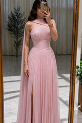 Chic Pink Strapless Sleeveless Chiffon A-Line Prom Dresses High Split With Pleats