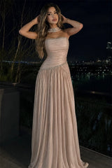 Luxurious Strapless Sleeveless A-Line Prom Dresses Floor Length Gem With Pleats