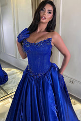 Romantic Royal Blue Strapless Sleeveless Satin Prom Dresses Gem A-Line With Pleats