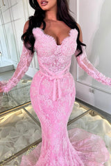 Glamorous Dusty Pink Sweetheart Strapless Sleeveless Lace Mermaid Prom Dresses Sheath With Lace-Up Back