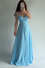 Charming Dusty Blue Sweetheart Spaghetti-Straps Sleeveless Satin Prom Dresses Sheath With Lace-Up Back