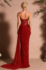 Romantic Burgundy Sweetheart Strapless Sleeveless Chiffon Lace Prom Dresses Mermaid With Zipper