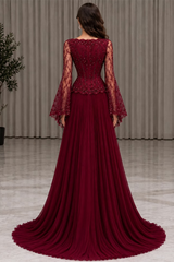 Dazzling Burgundy Long Sleeves Chiffon Prom Dresses Floor Length Beading With Pleats Zipper