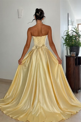 Pretty Daffodil Strapless Sleeveless Satin A-Line Prom Dresses Floor Length Gem With Lace-Up Back